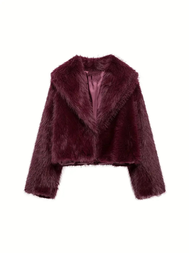 Luxe Faux Fur Cropped Coat – Crimson Elegance Edition